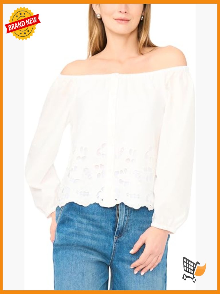 Off Shoulder Button Front Embroidered Blouse